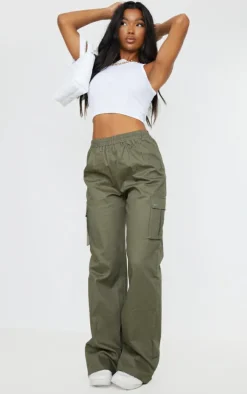 Khaki Wide Leg High Waisted Cargo Pants