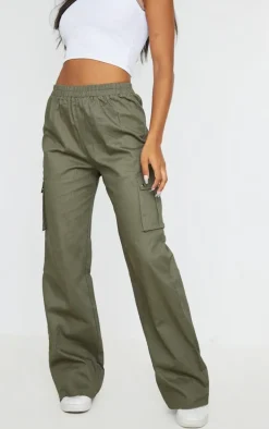 Khaki Wide Leg High Waisted Cargo Pants