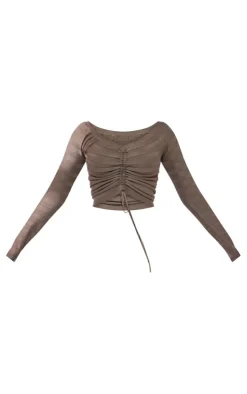 Khaki Wide Rib Knit Ruched Front Top