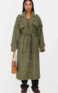 Khaki Wool Look Oversized Double Breasted Military Trim Coat