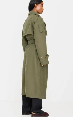 Khaki Wool Look Oversized Double Breasted Military Trim Coat
