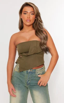 Khaki Woven Bandeau Crop Top