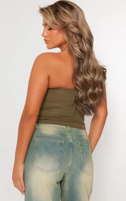 Khaki Woven Bandeau Crop Top