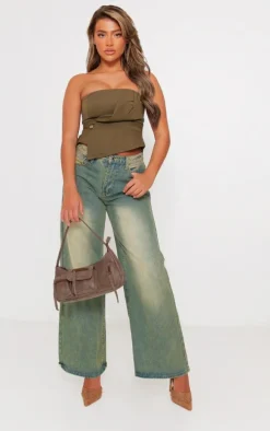 Khaki Woven Bandeau Crop Top