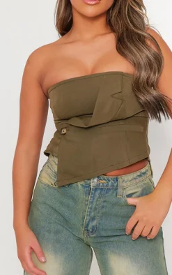 Khaki Woven Bandeau Crop Top