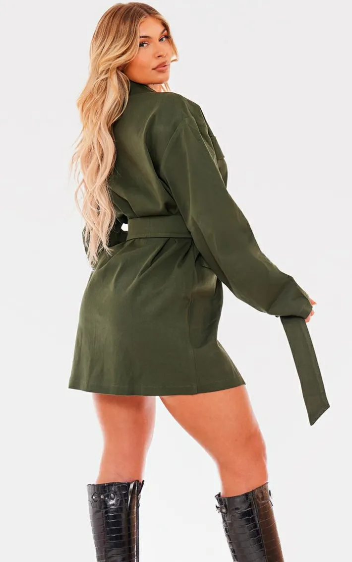 Khaki Woven Button Belted Blazer Dress