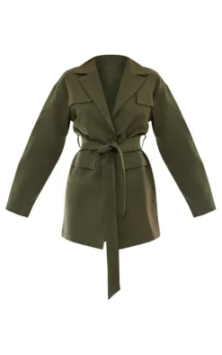 Khaki Woven Button Belted Blazer Dress