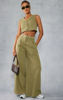 Khaki Woven Contrast Waistband Tailored Wide Leg Pants