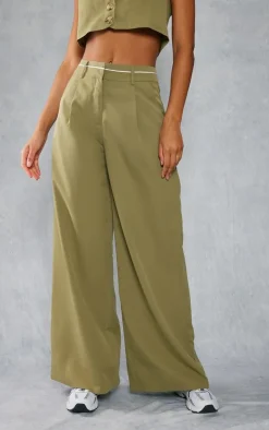 Khaki Woven Contrast Waistband Tailored Wide Leg Pants
