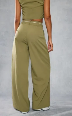 Khaki Woven Contrast Waistband Tailored Wide Leg Pants