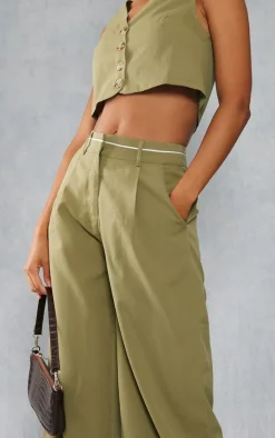 Khaki Woven Contrast Waistband Tailored Wide Leg Pants