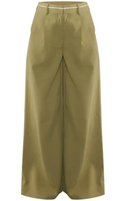 Khaki Woven Contrast Waistband Tailored Wide Leg Pants