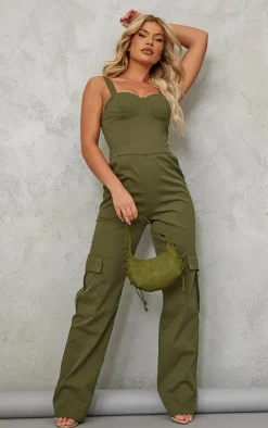 Khaki Woven Corset Pocket Detail Strappy Jumpsuit