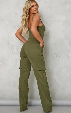 Khaki Woven Corset Pocket Detail Strappy Jumpsuit
