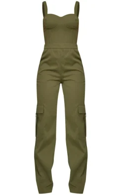Khaki Woven Corset Pocket Detail Strappy Jumpsuit