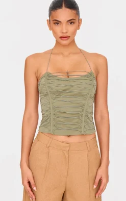 Khaki Woven Elastic Lace Up Corset