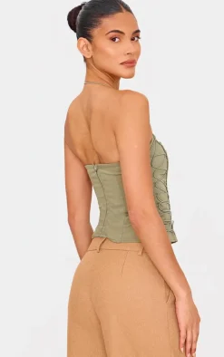 Khaki Woven Elastic Lace Up Corset