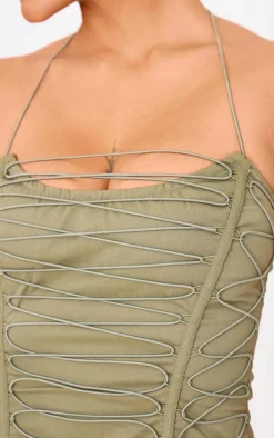 Khaki Woven Elastic Lace Up Corset