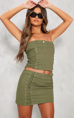 Khaki Woven Lace Up Detail Mini Skirt