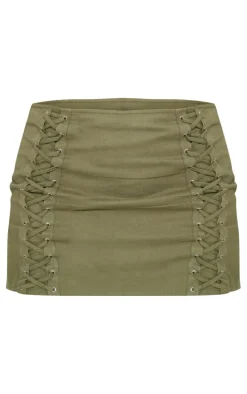 Khaki Woven Lace Up Detail Mini Skirt