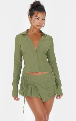 Khaki Woven Long Sleeve Cargo Shirt