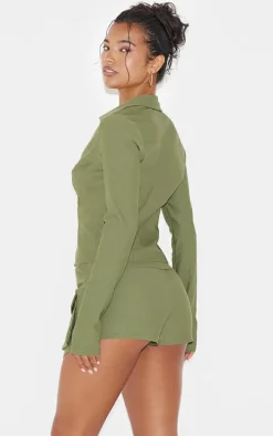 Khaki Woven Long Sleeve Cargo Shirt