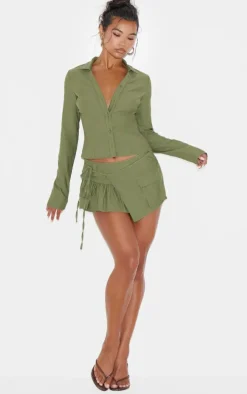 Khaki Woven Long Sleeve Cargo Shirt