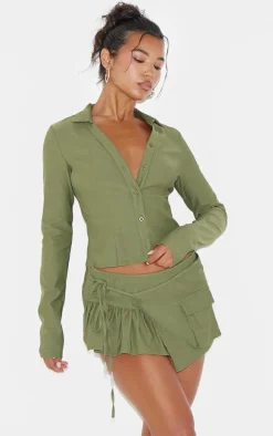 Khaki Woven Long Sleeve Cargo Shirt