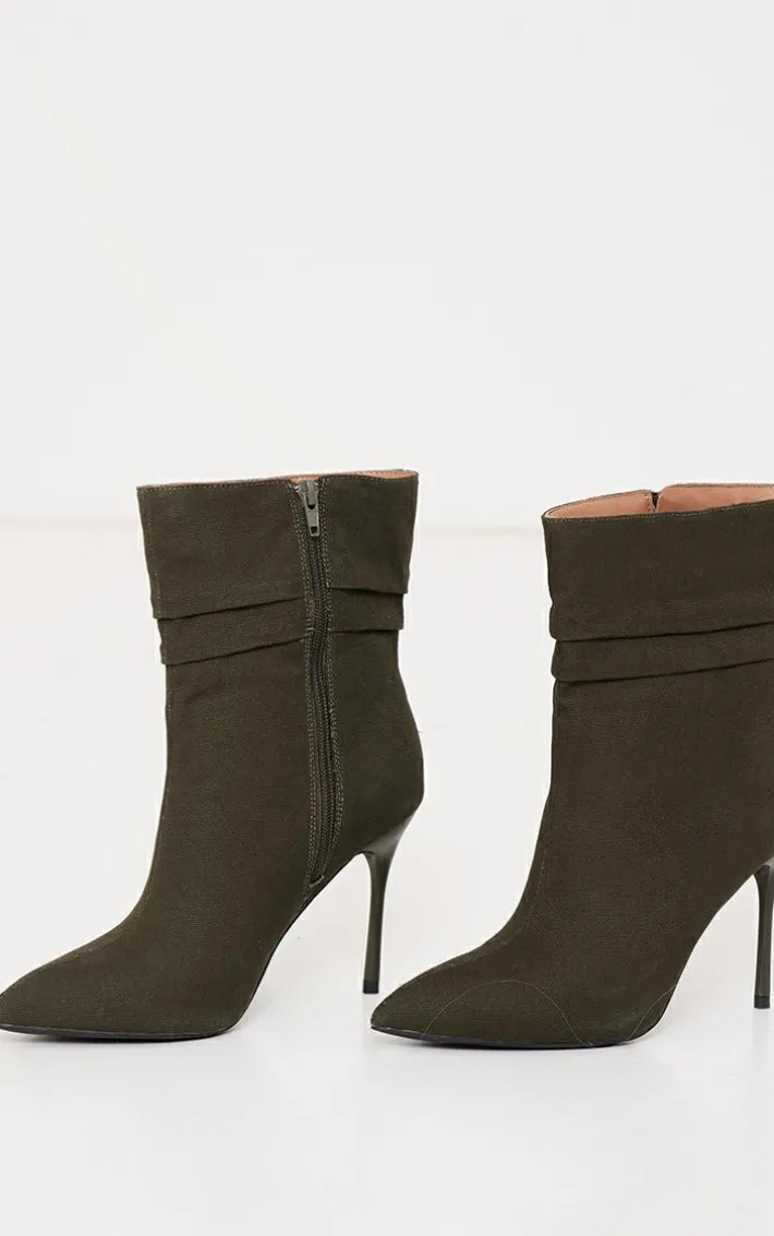 Khaki Woven Point Toe Ruched High Heeled Ankle Boots