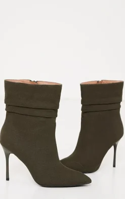 Khaki Woven Point Toe Ruched High Heeled Ankle Boots