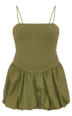 Khaki Woven Ribbed Puffball Mini Dress