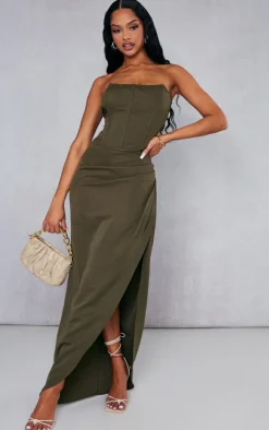 Khaki Woven Ruched Midaxi Skirt