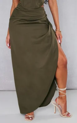 Khaki Woven Ruched Midaxi Skirt