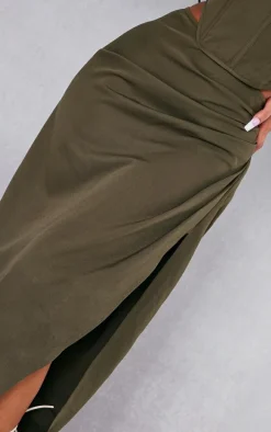 Khaki Woven Ruched Midaxi Skirt