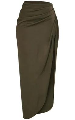 Khaki Woven Ruched Midaxi Skirt