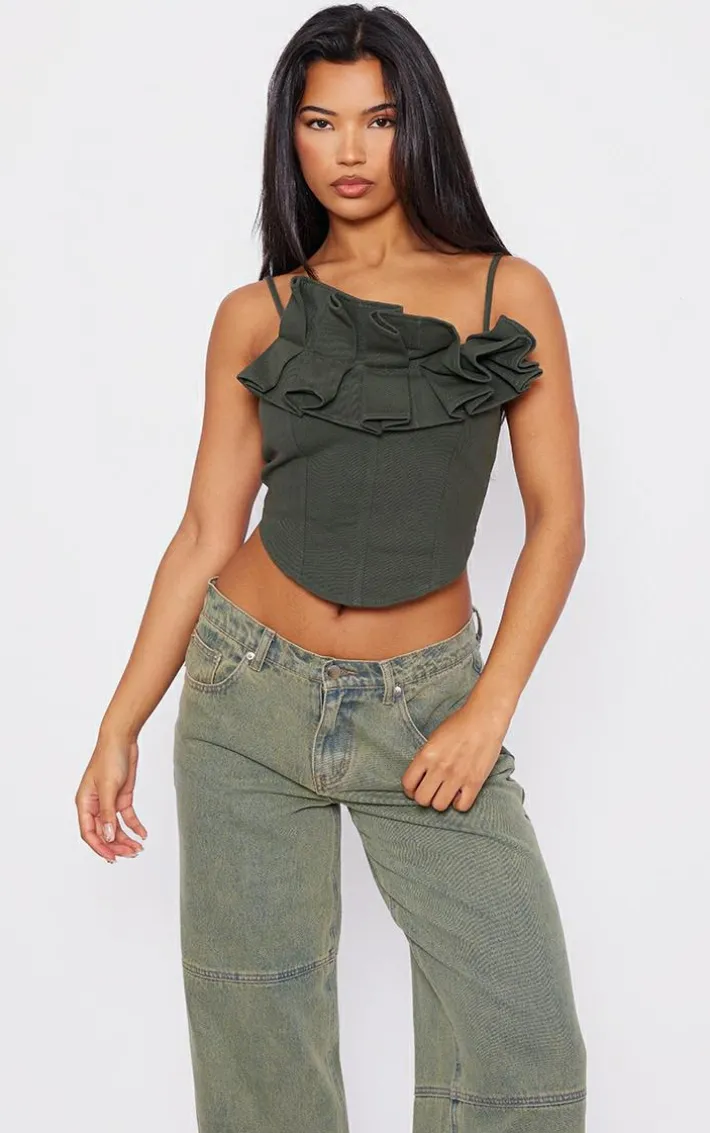 Khaki Woven Ruffle Bust Corset