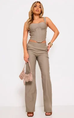 Khaki Woven Seam Detail Dip Hem Corset Top