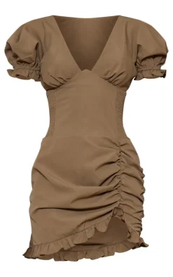 Khaki Woven Shirred Ruched Frill Bodycon Dress