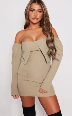 Khaki Woven Tailored Long Sleeve Bardot Pocket Detail Mini Dress