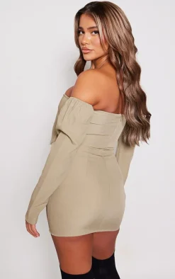 Khaki Woven Tailored Long Sleeve Bardot Pocket Detail Mini Dress
