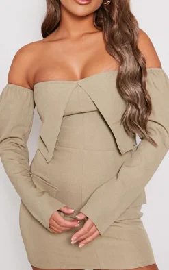 Khaki Woven Tailored Long Sleeve Bardot Pocket Detail Mini Dress