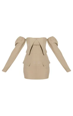 Khaki Woven Tailored Long Sleeve Bardot Pocket Detail Mini Dress