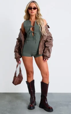 Khaki Woven Tie Front Tailored Romper