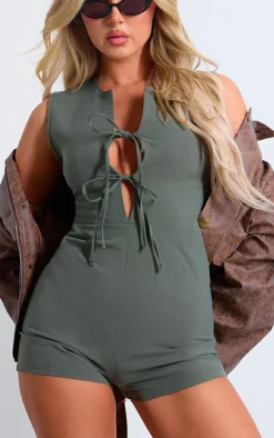 Khaki Woven Tie Front Tailored Romper