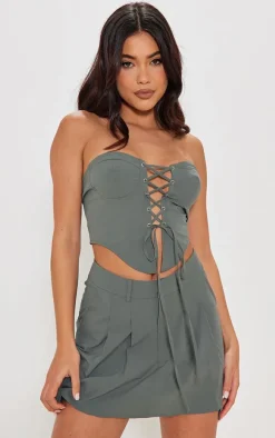 Khaki Woven Utility Pleated Detail Tailored Skater Skirt