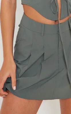 Khaki Woven Utility Pleated Detail Tailored Skater Skirt