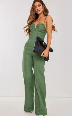 Khaki Woven V Bar Corset Detail Wide Leg Jumpsuit