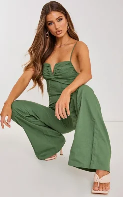 Khaki Woven V Bar Corset Detail Wide Leg Jumpsuit