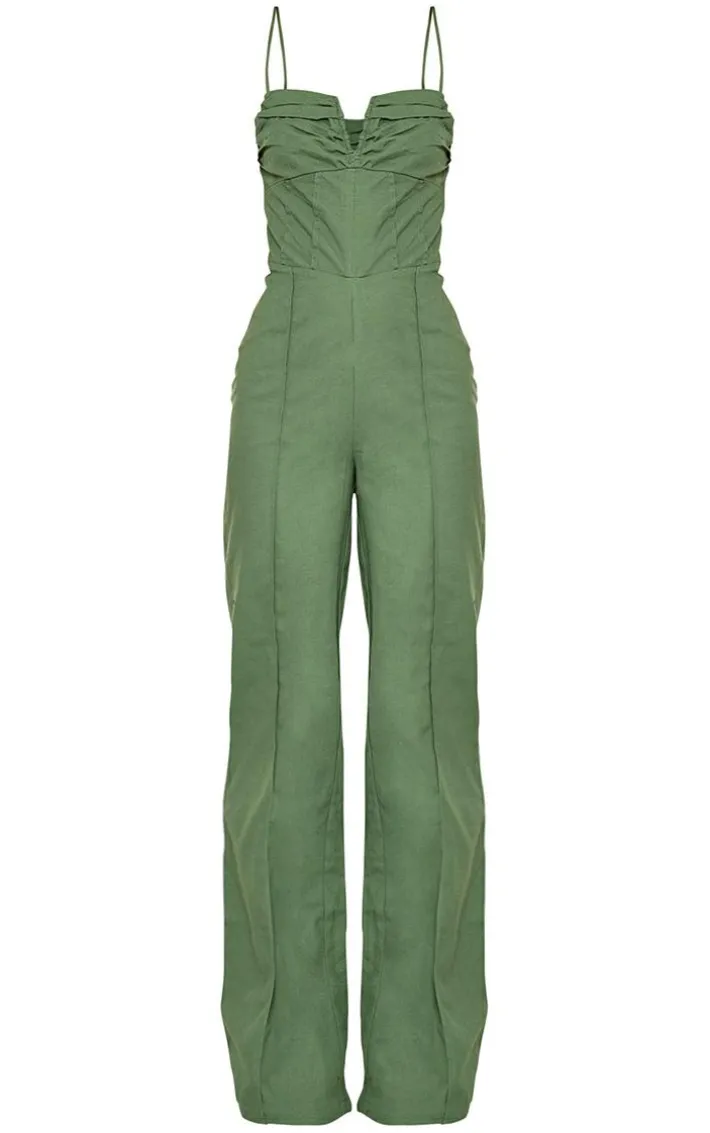 Khaki Woven V Bar Corset Detail Wide Leg Jumpsuit