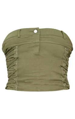 Khaki Woven Waistband Detail Lace Up Side Corset